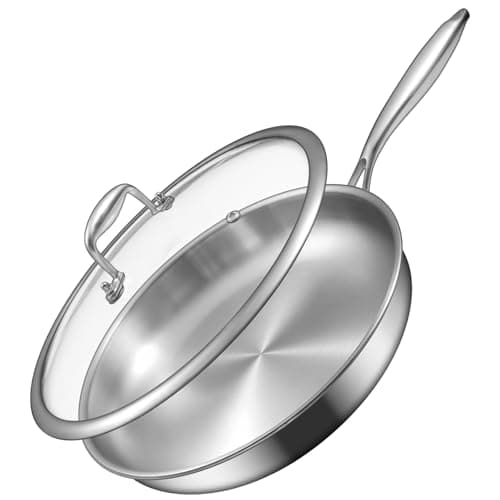 EWFEN 12 Inch Tri-Ply Stainless Steel Frying Pan, Compatible with All Cooktops Up to 600℉, Large Frying Pan with lids, Induction-Ready Skillet, Dishwasher and Oven Safe, Fast & Even Heat, Heavy Duty