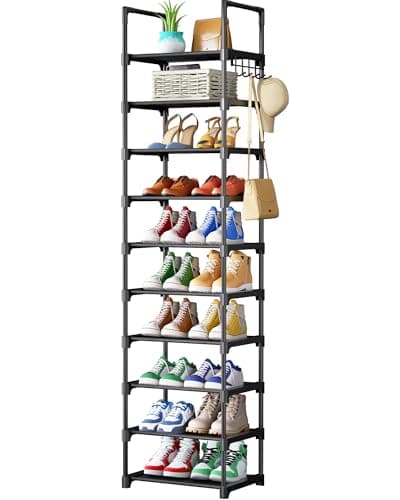 Kitsure Shoe Rack - 10-Tier Shoe Organizer with Detachable Fabric Shelves & Metal Frame, Tall Shoe Rack for Closet, Entrance, Living Room, 16.9" Wide - 10 Tier, Black