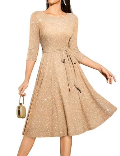 DRESSTELLS Sparkly Cocktail Holiday Party Dresses for Wedding Guest, Sequin Semi Formal Vintage 3/4 Sleeves Modest Gala Prom Dress for Teens Gold Champagne M