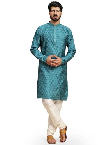 SKAVIJ Men's Jacquard Silk Kurta Pajama Set Indian Traditional Thread Work Dress (X-Large, Turquoise)