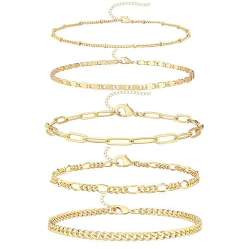 Gokeey Gold Bracelets for Women Fashion Dainty Gold Adjustable Layered Link Chain Bracelet Pack for Women 14K Real Gold Cute Jewelry Set Gifts 5pcs