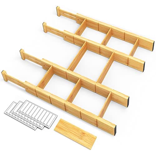 SpaceAid Bamboo Drawer Dividers with Inserts and Labels, Kitchen Adjustable Drawer Organizers, Expandable Organization for Home, Office, Dressers, 4 Dividers with 9 Inserts (17-22 in)