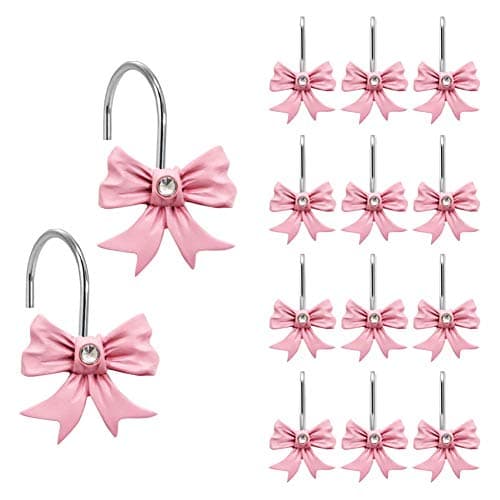 Gracelife 12PCS Decorative Shower Curtain Hooks, Pink Bow Knot Resin Curtain Hooks Shower Rings for Bathroom Baby Room Nursery Art Decors (Bow Knot)