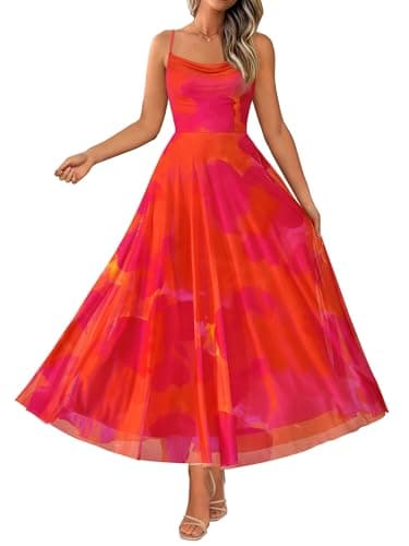 BTFBM Women Summer Floral Maxi Dresses Elegant Spaghetti Strap Dress Printed Party Dress Beach Long Dresses(Orange Red Big Floral,Medium)