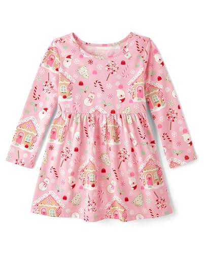 The Children's Place Baby Girls' and Toddler Long Sleeve Casual Dresses, Pink Christmas Print