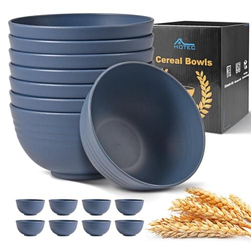 HOTEC Unbreakable Wheat Straw Cereal Bowls - Microwave & Dishwasher Safe Soup and Salad Bowls, Set of 8, 26oz, BPA Free, Classic Blue