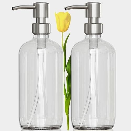 AmazerBath Soap Dispenser, 2 Pack Glass Soap Dispenser with Pump Stainless Steel, Soap Dispenser Bathroom, 17OZ Hand Soap Dispenser, Dish Soap Dispenser Kitchen, Clear Soap Dispenser