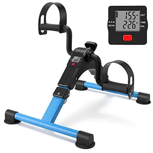 Folding Pedal Exerciser Mini Exercise Bike Portable Peddler Arms and Legs Low Impact Workout Bike with LCD (Blue)