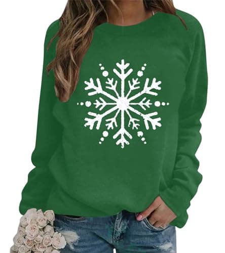 Christmas Sweatshirt for Women Cute Snowflake Graphic Tops Funny Long Sleeve Xmas Shirt Winter Holiday Pullover Tops(X-Large,Green)