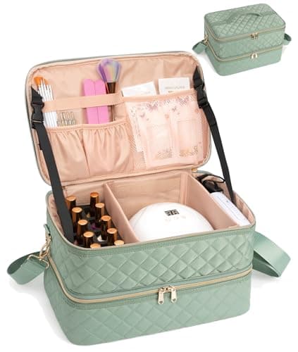 Ethereal Nail Polish Organizer Case Holds 40-50 Bottles(15ml/0.5fl.oz) and Nail Lamp, Double Layer Nail Polish Storage Bag for Nail Kit, Manicure Tools, Green