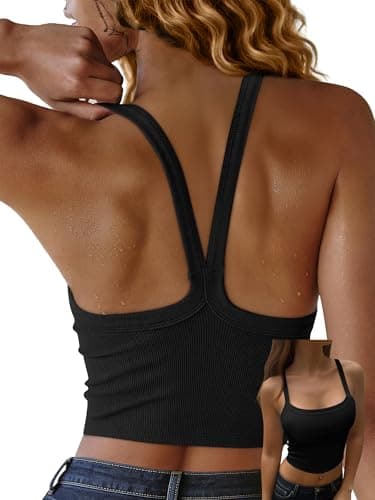 ANRABESS Women Crop Tank Tops Backless Sleeveless Scoop Neck Ribbed Camisole Shirts 2026 Summer Workout Gym Clothes Black Medium