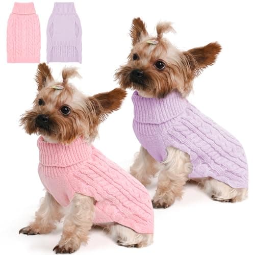 Lorehelina 2 Pack Dog Sweaters for Small Dogs Winter Turtleneck Pullover Cable Knit Fleece Stretch Puppy Doggie Chihuahua Toy Poodle Yorkie Pomeranian Boy Girl Pet Clothes (S, Pink & Purple)