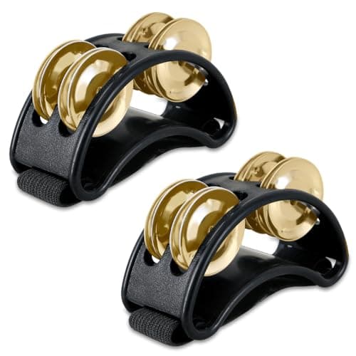 EASTROCK Foot Tambourine Percussion Musical Instrument Foot Percussion with Golden Steel Jingle Bells for Drum Guitar Playing Black 2 PCS