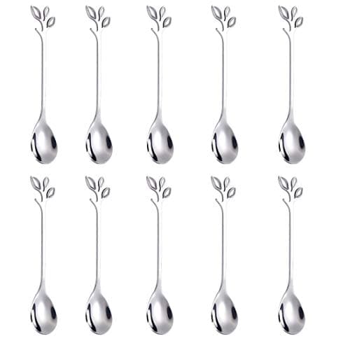 AnSaw Elegant Silver Leaf Coffee Spoons - 10-Piece, 4.7" Mini Stainless Steel Espresso & Dessert Tea Spoons, Perfect for Demitasse & Small Servings