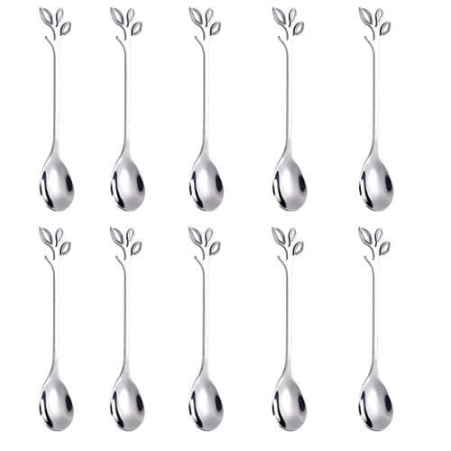 AnSaw Elegant Silver Leaf Coffee Spoons - 10-Piece, 4.7" Mini Stainless Steel Espresso & Dessert Tea Spoons, Perfect for Demitasse & Small Servings