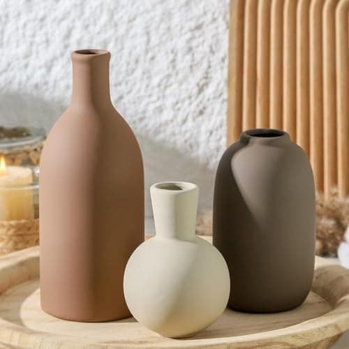 Ceramic Vases Set of 3, Modern Neutral Vase Rustic Farmhouse Vases Home Decor Pottery Pampas Vase Decoration Flowers Vases for Room Decor, Living Room, Table, Bathroom, Bedroom,Entryway Decor- Brown