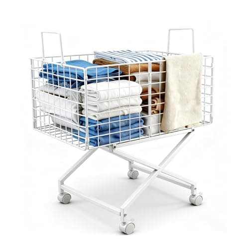 Rolling Laundry Basket with Wheels - 80L Large Wire Laundry Hamper with Wheels, Heavy Duty Metal Laundry Cart for Clothes, Portable Rolling Hamper for Laundry Room, Bathroom, Bedroom,(White)