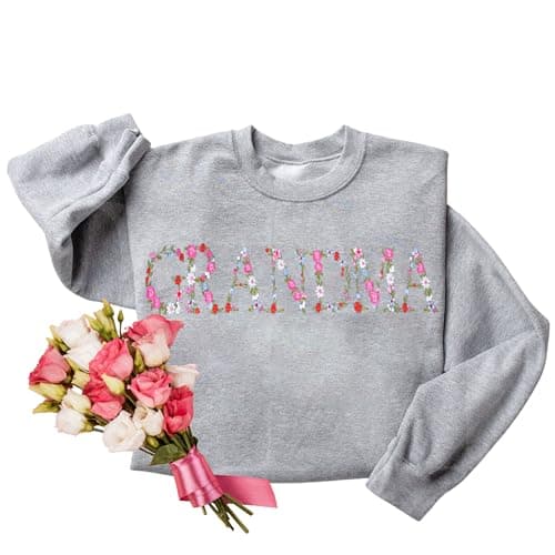 Regamor Embroidery Floral Grandma Sweatshirts For Women Gift Sweatshirt From Grandkids Flower Gift Mothers Day Christmas 13 Sport Grey
