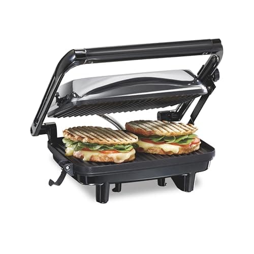 Hamilton Beach Panini Press Sandwich Maker & Electric Indoor Grill with Locking Lid, Opens 180 Degrees for any Thickness for Quesadillas, Burgers & More, Nonstick 8" x 10" Grids, Chrome (25460A)