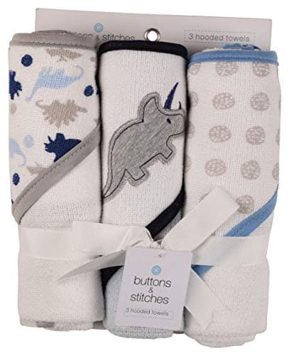 Buttons and Stitches Baby Boys 3 Pack Infant Hooded Towel, Triceratops Prints (GS71365)