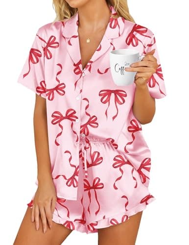 HOTOUCH Womens Satin Bow Pajamas Set Button Down 2 Piece Silk Pjs Shorts Set Ruffle Notch Collar Sleepwear,M