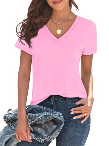 Imily Bela Womens V Neck T Shirts Lightweight Short Sleeve Tops Casual Basic Tees Trendy Summer Tshirt Loose Fit 2025 Pink