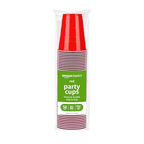 Amazon Basics Disposable Plastic Party Cups, Red, 18oz, 50 Count