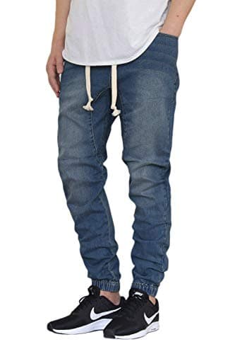 AIRNINE Men's Drop Crotch Denim Jogger Pants (DK Indigo, Medium)