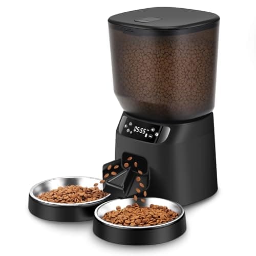 Automatic Cat Feeders for Two Cats, 5L/20 Cups Double Automatic Cat Food Dispenser with 2 Stainless Bowls, Timer Setting 20 Portions 6 Meals Per Day, 10s Meal Call, Pet Feeder for Dog (Black, 5L)
