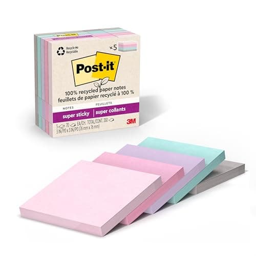 Post-it 100% Recycled Paper Super Sticky Notes, 2X The Sticking Power, 3x3 in, 5 Pads, 70 Sheets/Pad, Wanderlust Pastels Collection (654R-5SSNRP)