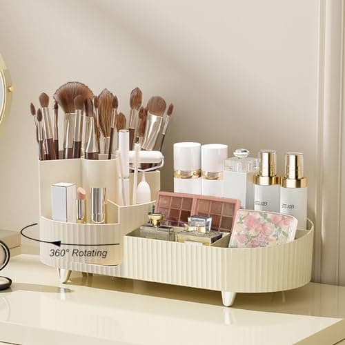 Makeup Organizer Countertop Rotating Makeup Organizer for Vanity Large Capacity Cosmetic Display Case with Makeup Brush Holder Cosmetic Organizer Countertop（Cream）