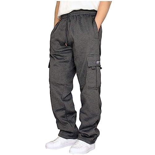 Men's Cargo Sweatpants Casual Fleece Joggers Loose Fit Open Bottom Athletic Pants for Men with Pockets Dark Gray L