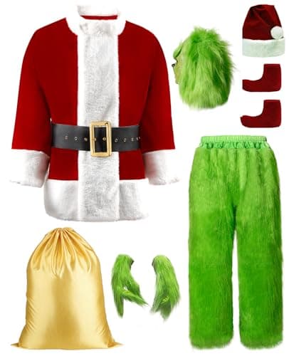 Suroomy Green Christmas Costume Mens Halloween Costumes Adult Santa Costume with Mask 8PCS Deluxe Funny Halloween Cosplay Outfit (Including Mask) Large