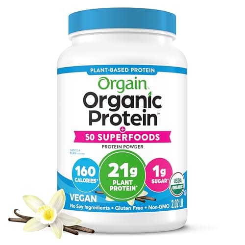Orgain Organic Vegan Protein + 50 Superfoods Powder, Vanilla Bean - 21g Plant Based Protein, 8g Prebiotic Fiber, No Lactose Ingredients, Gluten Free, No Added Sugar, Non-GMO, 2.02 lb
