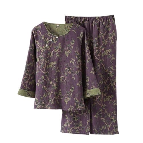 cozy loungewear pajama sets for women 2 piece Japanese Sleepwear for Women 2025 Fashion Floral Print Kimono Pjs 2 Piece Long Sleeves Shirts Lounge Pants Pajama Sets Cute Comfy Loungewear A-purple