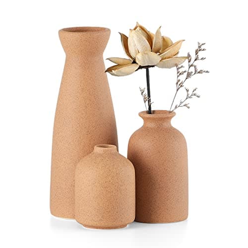 CEMABT Brown Ceramic vase Set-3 Small Flower vases for Decor,Modern Boho Farmhouse Home Decor,Decorative vase for Pampas Grass&Dried Flowers,idea Shelf,Table,Bookshelf ，Entryway- Distressed