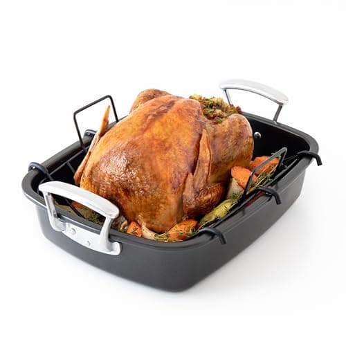 Chef Pomodoro Deluxe Large Carbon Steel Roasting Pan with U-Rack, 18.5 x 14.5-In (47 x 37 cm), Extra-Large, Grey – The Ultimate Solution for Flawless Roasts, BBQs, and Oven-to-Table Entertaining