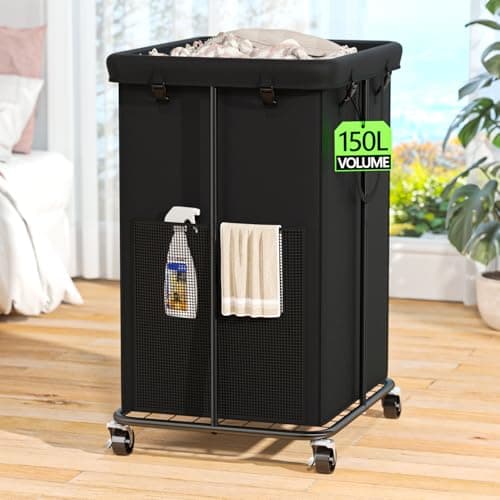 150L Laundry Hamper with Wheels, Rolling Laundry Basket with Metal Frame and Removable Bag, Large & Tall Dirty Clothes Hampers for Bedroom Aesthetic, Laundry Room, Bathroom, Dorm-Black