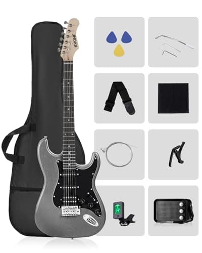 RVONE RST-150 39" Beginner Electric Guitar Kit with Amp & HSS Pickups | Complete Starter Set for Newcomers w/Essentials | Gig Bag, Extra Strings, Digital Tuner, Capo, Strap | Home Practice (Black)