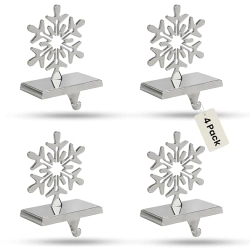 Best Stocking Holders #3 from Iconikal Iconikal 4-Pack Stocking Holders Christmas Chrome Metal Snowflake Weighted for Mantle, Holiday Fireplace Hangers