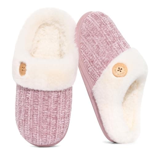 Evshine Women's Fuzzy Memory Foam Slippers Chenille Knit bedroom House Slippers Fluffy Plush Warm Slip-on Indoor Shoes, Buttoned Pink, 40-41 (Size 8-9)