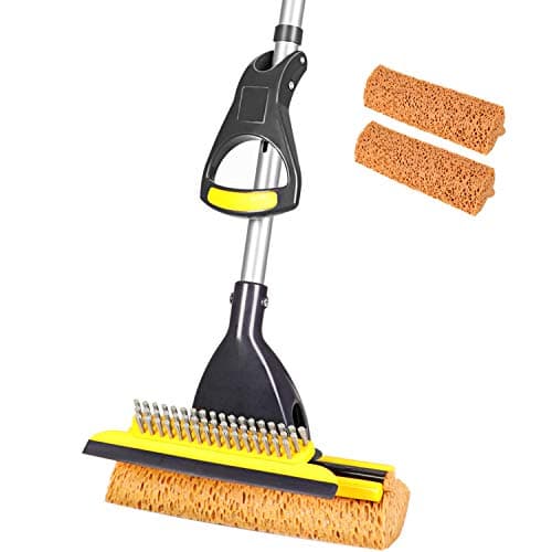 Yocada Sponge Mop Home Commercial Use Tile Floor Bathroom Garage Cleaning with Total 2 Sponge Heads Squeegee and Extendable Telescopic Long Handle from 42.5 to 52 Inches Easily Dry Wringing