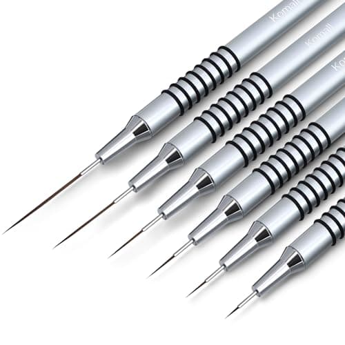 Komall Metallic Nail Art Brushes, 6Pcs Non Slip Liner Brush Set, UV Gel Polish Painting Art Design Pen for Long Lines, Thin Details, Fine Drawing Sizes 5/7/9/11/20/25mm(Silver)