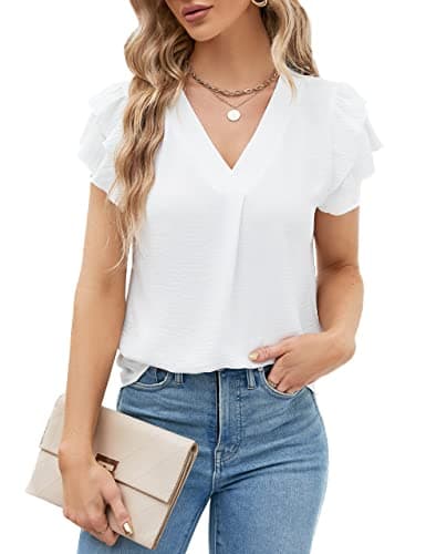 Blooming Jelly Womens Dressy Casual Shirts Short Sleeve V Neck Work Blouse Business Casual Summer Tops 2024(Medium, White)