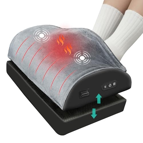 Heated Foot Rest Under Desk at Work, Ergonomic Desk Footrest with Vibrating Massage and Adjustable Height, Foot Warmer with Pocket, 3 Vibration Modes & 2 Heating Levels,Memory Foam,Office Home Gaming