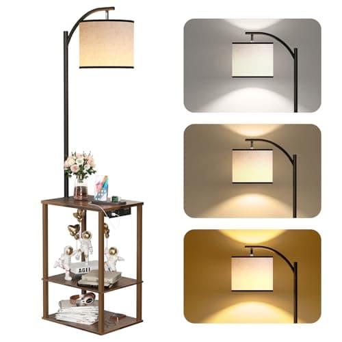 SUNMORY Floor Lamp with Table, End Table for Living Room with Lamp, Shelves Side Table with Charging Station(USB & AC Port), 3 Color Temperature LED Bulb, Modern Nightstand Lamp for Bedroom, Office