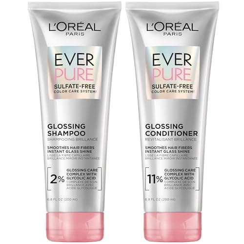L'Oreal Paris Glossing Sulfate Free Shampoo and Conditioner Set with Glycolic Acid, Hair Care for Lasting Shine and Smoothness for Dull, Dry Hair, EverPure, 1 Kit