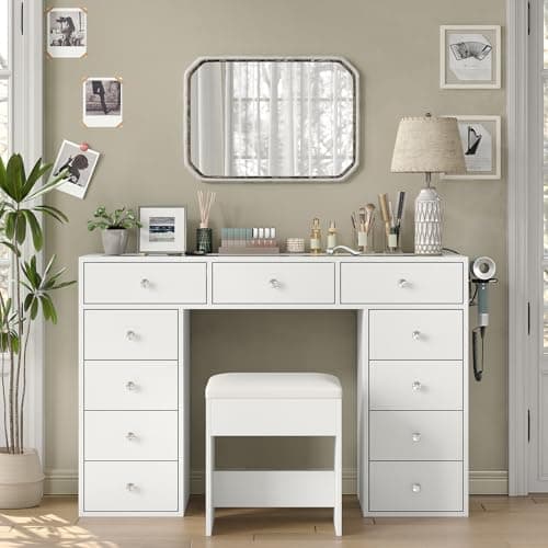 Yanosaku 47" Vanity Desk Without Mirror, Glass Top Makeup Vanity with 11 Drawers & Charging Station, Modern Vanity with Chair, Outlets & USB Ports for Bedroom, Dressing Room, White