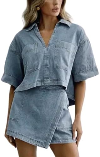 ROMRUM Women's Denim 2 Piece Outfits Summer Lapel V Neck Crop Top High Waisted Jean Mini Skirt Shorts Set with Pockets(Medium, Blue)