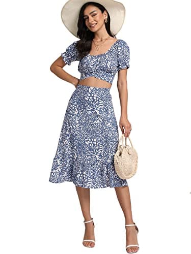 LYANER Women's 2 Piece Outfits Floral Self Tie Knot Crop Top and Midi Skirt Set 2#Blue Medium